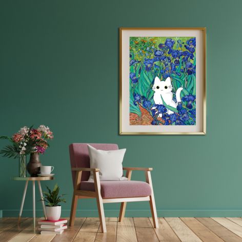 Zabawny plakat z białym kotem Irysy Van Gogh
