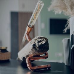 Designerska lampa industrialna miedziana z drewnem UNIKAT