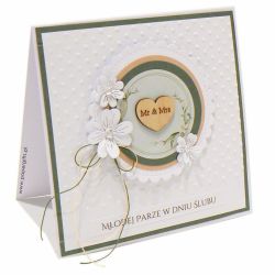 Kartka ślubna - wianek białe kwiaty kropki