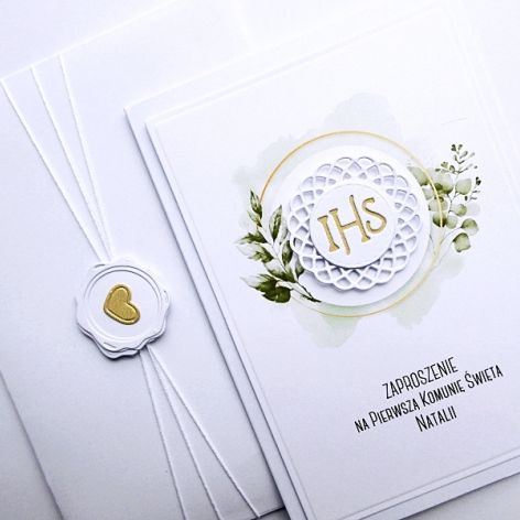 Zaproszenie komunijne handmade zielone Hostia