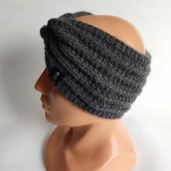 Opaska ręcznie robiona na drutach, ciemna szara, grafitowa.