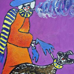 obraz olejny babcia z pieskiem kolorowy