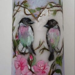 świeca malowana ręcznie- ślub,zakochane ptaki