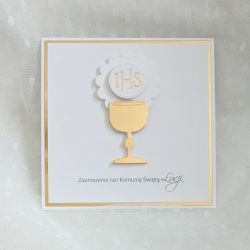 Zaproszenie na Komunię Świętą biel złoty