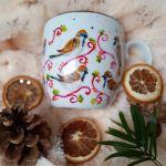 Barwny ręcznie malowany kubek ptasi raj wróbelki 480ml. - Przód kubka