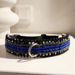 Szeroka obroża Paracord Handmade 42-50 cm L niebiesko-szaro-biało-czarna - Przód