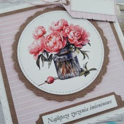 Kartka imieninowa z piwoniami w słoiku
