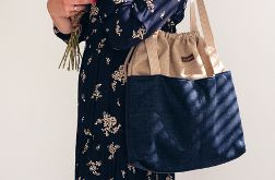 Duża beżowo-niebieska torba na ramię z kominem shopperka