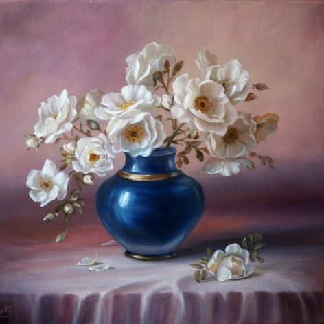 Białe Róże w niebieskim Wazonie, obraz olejny ręcznie malowany