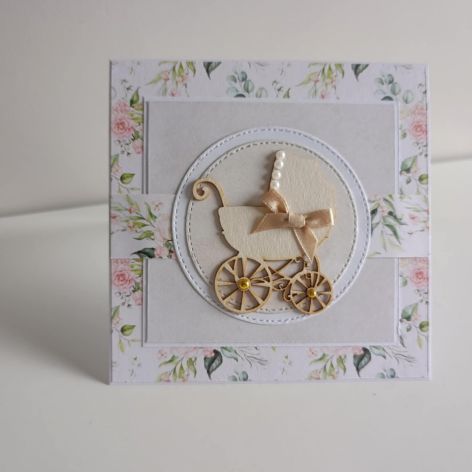 Kartka na Chrzest Święty z wózeczkiem