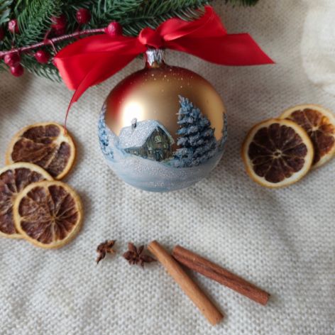 Ręcznie malowana bombka zimowy krajobraz (2), 10 cm