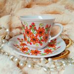 Barwny ręcznie malowany komplet kwiaty 250ml. talerzyk z filiżanką - ręcznie malowane