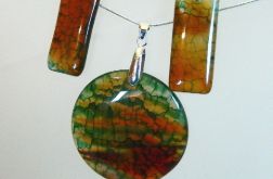 Zielono-pomarańczowy agat pajęczy, wisior i kolczyki, zestaw biżuterii
