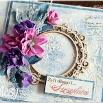 Kartka Ślubna mediowa z ramką w pudełku - Subtelne dodatki, ręczniewykonane kwiaty, tekturka.
