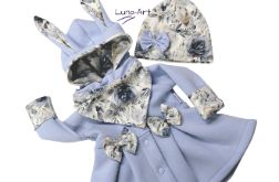 Komplet płaszczyk z uszkami czapka chustka błękit r.128/134