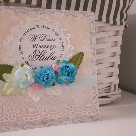 Kartka ślubna kwiaty z koronką handmade