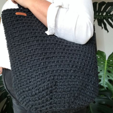 Torebka damska,na ramię, koszyk ze sznurka,grafitowa.