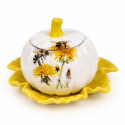 Świecznik dynia gipsowy z pszczołą i mniszkiem na podstawce – rękodzieło