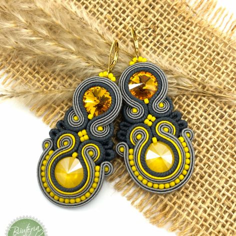 Słoneczne kolczyki sutasz/soutache, oryginalny design, lekkie, wiszące, bigle stal chirurgiczna . 