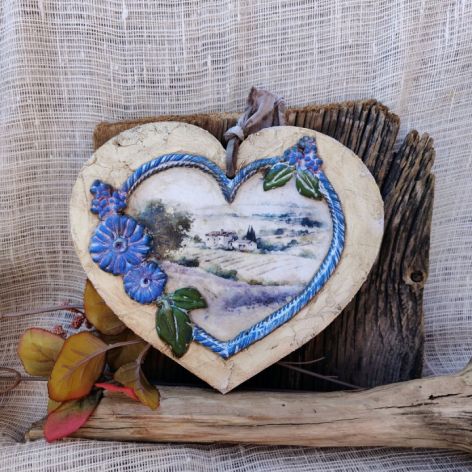 Rustykalna zawieszka serce Lawendowa Toskania – rękodzieło decoupage