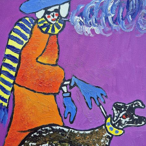 obraz olejny babcia z pieskiem kolorowy