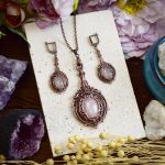 Wiktoriański miedziany zestaw - kolczyki i wisiorek z różowym kwarcem #S5 - 