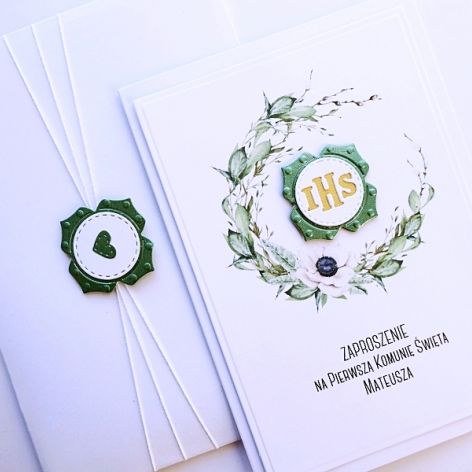 Zaproszenie komunijne biało-zielone z Hostią