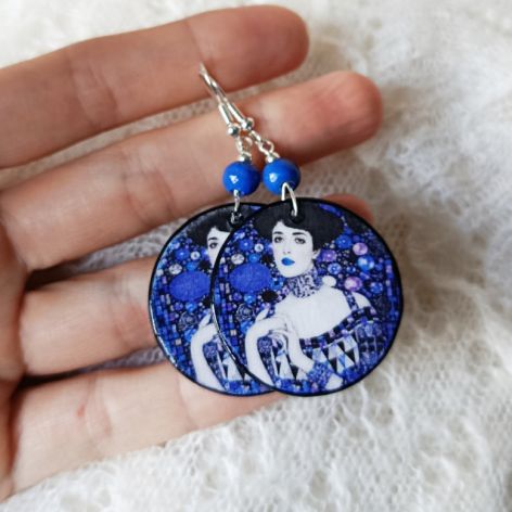 Kolczyki decoupage drewniane okrągłe Gustav Klimt Złota Adela