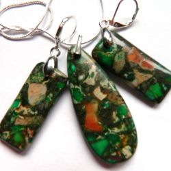 Zielono-brązowy jaspis cesarski, zestaw biżuterii w srebrnej oprawie