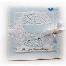 Kartka na Chrzest z wózkiem dla chłopca