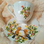 Ręcznie malowany komplet. Zakochane dudki filiżanka z talerzykiem - ręcznie malowane