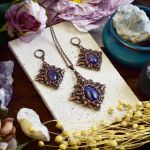 Wiktoriański miedziany zestaw - kolczyki i wisiorek z fioletowym agatem #S6 - 