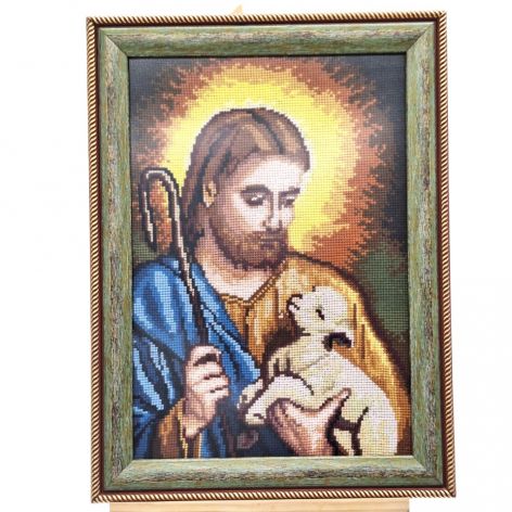 Obraz Ręcznie Haftowany Jezus z Barankiem 40x30 cm Religijna Dekoracja 