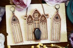 Gotycki miedziany zestaw - kolczyki i wisiorek z czarnym onyksem, rozeta #S8