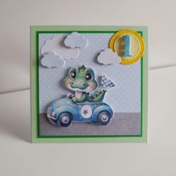 Kartka urodzinowa na roczek krokodyl w aucie 