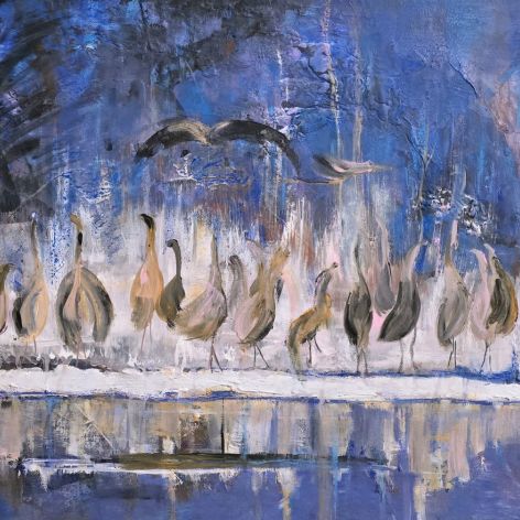 Żurawie manewry,  obraz akrylowy na płótnie 70x50x1cm 