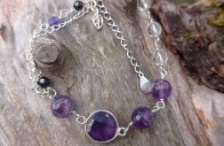 Srebro, ametysty, kryształ górski, bransoletka