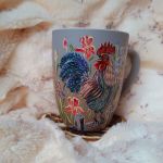 Kubek retro kogucik kurka i irysy ręcznie malowany 300 ml.  - ręcznie malowane