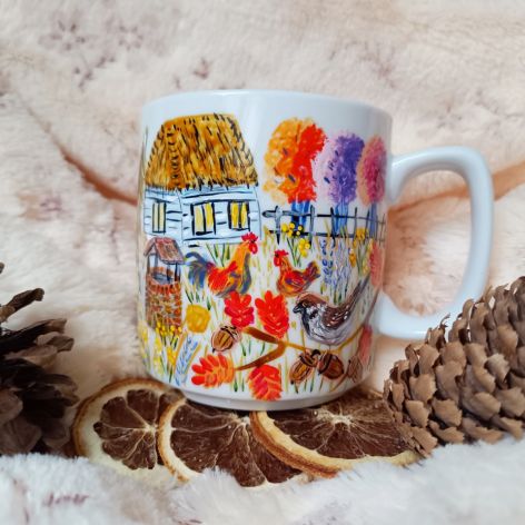 Ręcznie malowany wiejski kubek podwórko 270 ml.