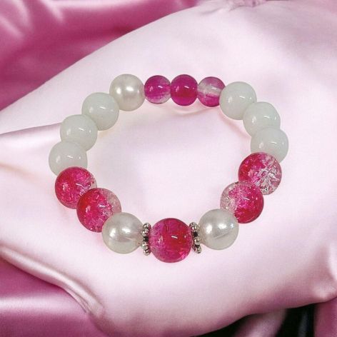 Bransoletka na gumce kwiatek fuksja i biel