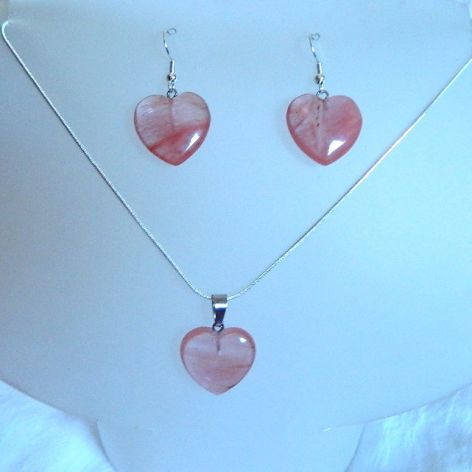 Różowy kwarc, kamień miłości, serduszka, zestaw biżuterii