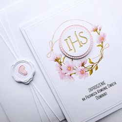 Zaproszenie komunijne z kwiatami handmade