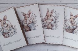 Zestaw 4 kartek wielkanocnych z życzeniami "Króliczki w koszyczkach”