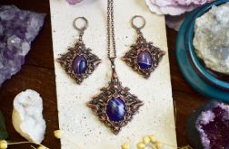 Wiktoriański miedziany zestaw - kolczyki i wisiorek z fioletowym agatem #S6