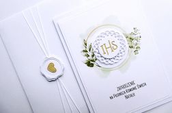 Zaproszenie komunijne handmade zielone Hostia
