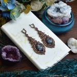 Wiktoriańskie miedziane wiszące kolczyki z kamieniem / larvikit #001 - 