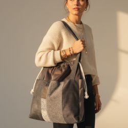 Duża szara torba z kominem z weluru patchwork