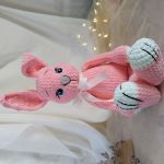 Duży królik przytulanka, Maskotka zajączek, Zajączek pluszowy - Na szyje ma kokardę z wstążki, kolor jasny brzoskwiniowy