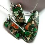 Zielono-brązowy jaspis cesarski, zestaw biżuterii w srebrnej oprawie - 