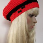 Czerwono-czarny ozdobny beret z kokardkami - Idealny na prezent